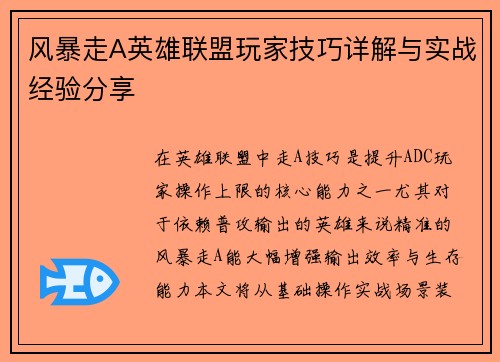 风暴走A英雄联盟玩家技巧详解与实战经验分享