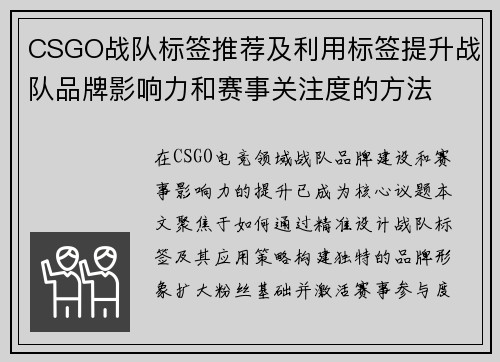 CSGO战队标签推荐及利用标签提升战队品牌影响力和赛事关注度的方法